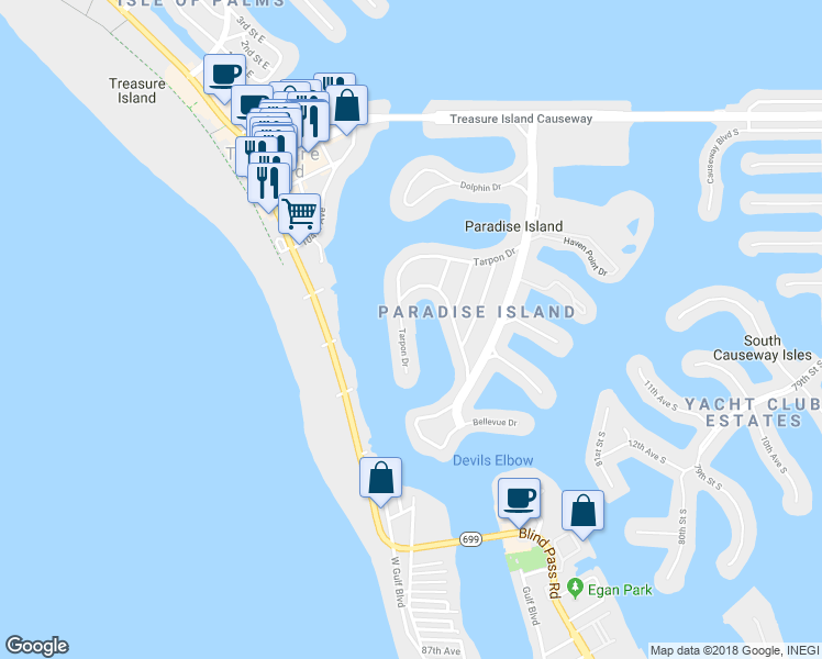 map of restaurants, bars, coffee shops, grocery stores, and more near 10119 Tarpon Drive in Treasure Island