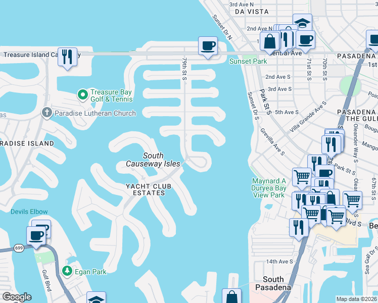 map of restaurants, bars, coffee shops, grocery stores, and more near 527 79th Street South in St. Petersburg