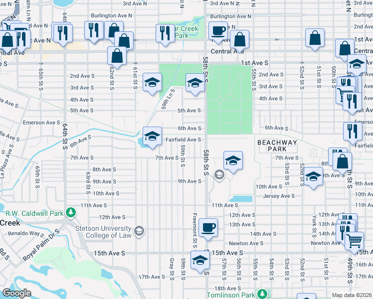 map of restaurants, bars, coffee shops, grocery stores, and more near 656 59th Street South in St. Petersburg