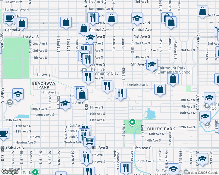 map of restaurants, bars, coffee shops, grocery stores, and more near 4636 Fairfield Avenue South in St. Petersburg