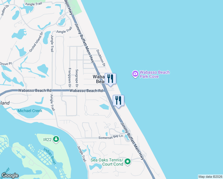 map of restaurants, bars, coffee shops, grocery stores, and more near 1820 Wabasso Beach Road in Vero Beach