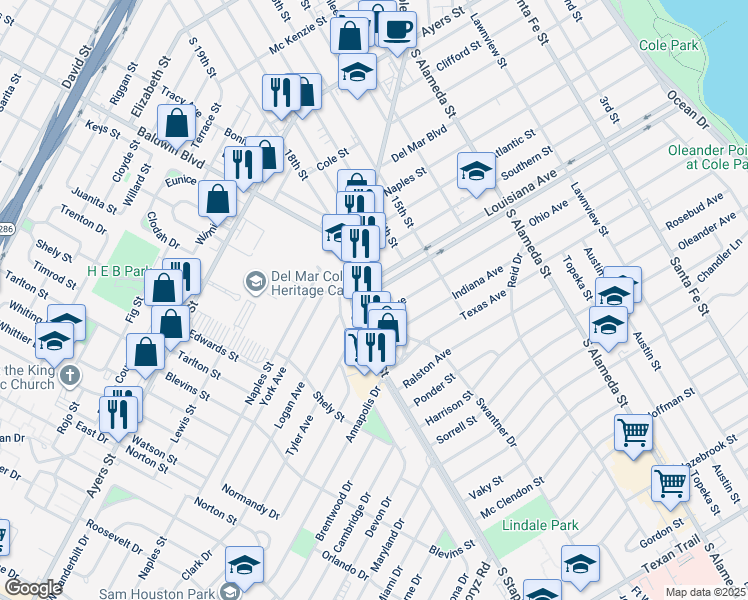 map of restaurants, bars, coffee shops, grocery stores, and more near 1001 Louisiana Avenue in Corpus Christi