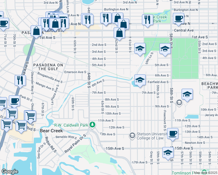 map of restaurants, bars, coffee shops, grocery stores, and more near 6254 Fairfield Avenue South in St. Petersburg