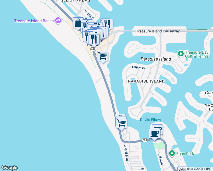 map of restaurants, bars, coffee shops, grocery stores, and more near 10224 Florida 699 in Treasure Island