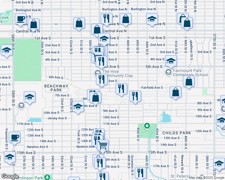 map of restaurants, bars, coffee shops, grocery stores, and more near 4740 Fairfield Avenue South in St. Petersburg