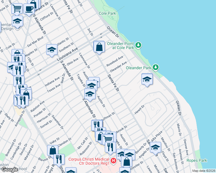 map of restaurants, bars, coffee shops, grocery stores, and more near 323 Melrose Street in Corpus Christi
