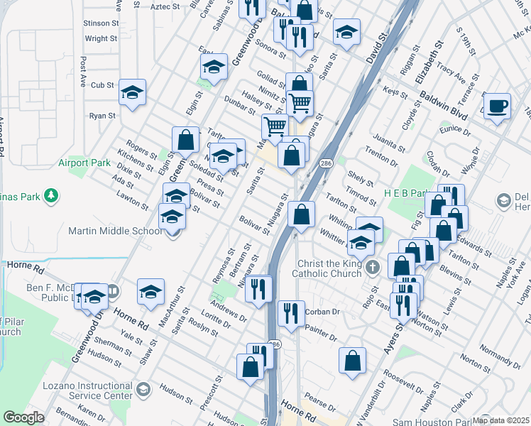 map of restaurants, bars, coffee shops, grocery stores, and more near 2214 Presa Street in Corpus Christi