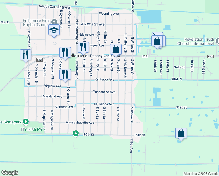 map of restaurants, bars, coffee shops, grocery stores, and more near 108 S Oak St in Fellsmere