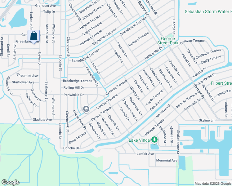map of restaurants, bars, coffee shops, grocery stores, and more near 597 Carnival Terrace in Sebastian