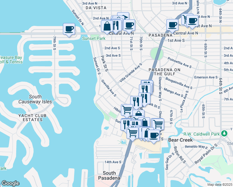 map of restaurants, bars, coffee shops, grocery stores, and more near 7301 Grevilla Avenue South in St. Petersburg