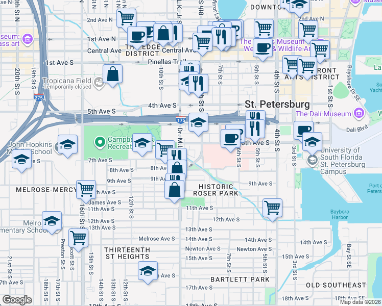 map of restaurants, bars, coffee shops, grocery stores, and more near 815 7th Avenue South in St. Petersburg