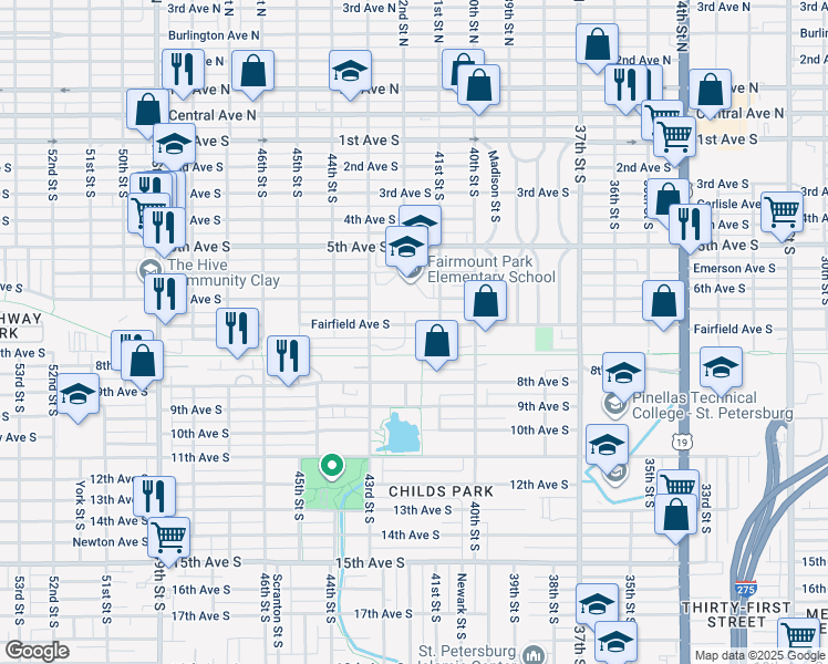 map of restaurants, bars, coffee shops, grocery stores, and more near 4214 Fairfield Avenue South in St. Petersburg