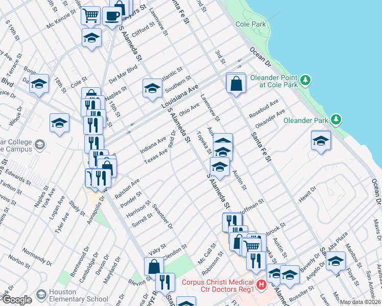 map of restaurants, bars, coffee shops, grocery stores, and more near 501 Ralston Avenue in Corpus Christi