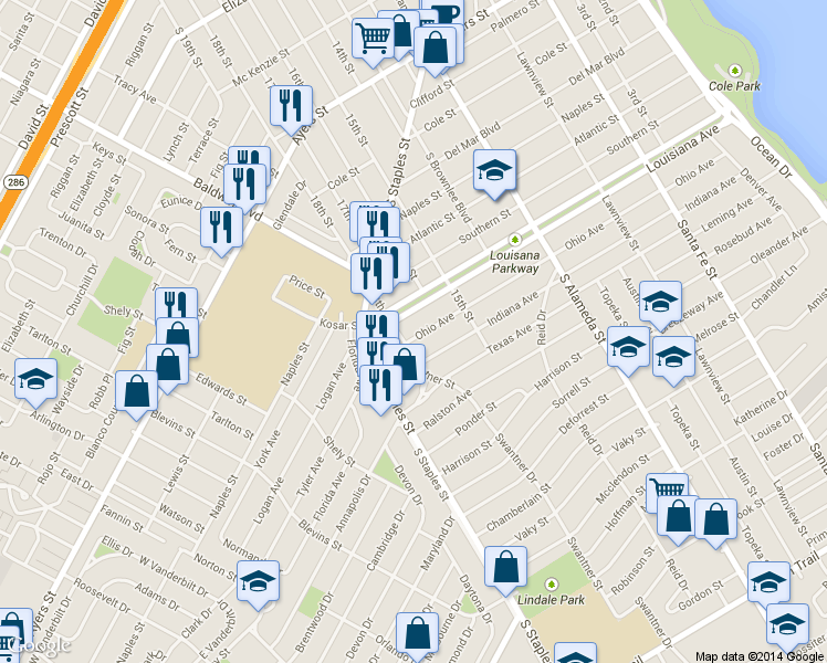 map of restaurants, bars, coffee shops, grocery stores, and more near 815 Ohio Avenue in Corpus Christi