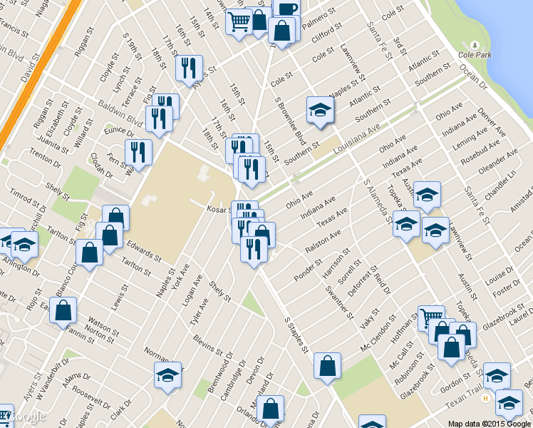 map of restaurants, bars, coffee shops, grocery stores, and more near 815 Ohio Avenue in Corpus Christi