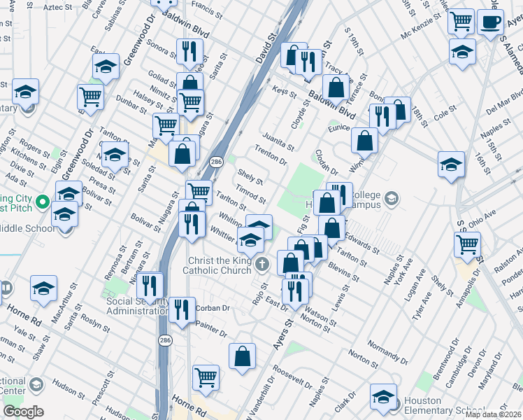 map of restaurants, bars, coffee shops, grocery stores, and more near 1710 Tarlton Street in Corpus Christi