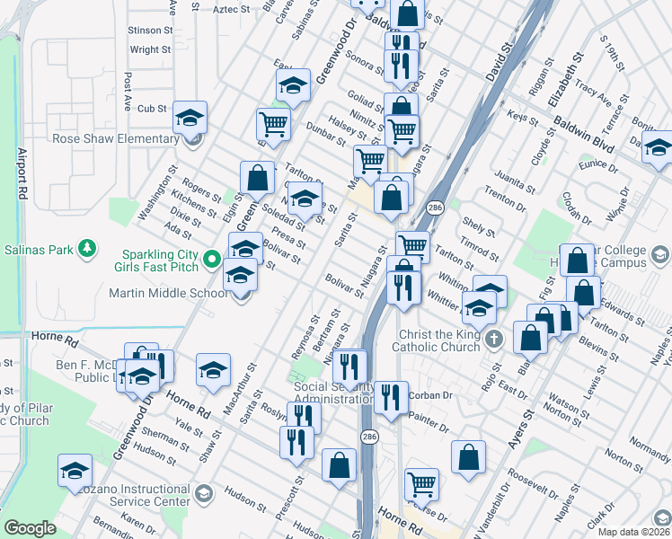 map of restaurants, bars, coffee shops, grocery stores, and more near 2246 Bolivar Street in Corpus Christi