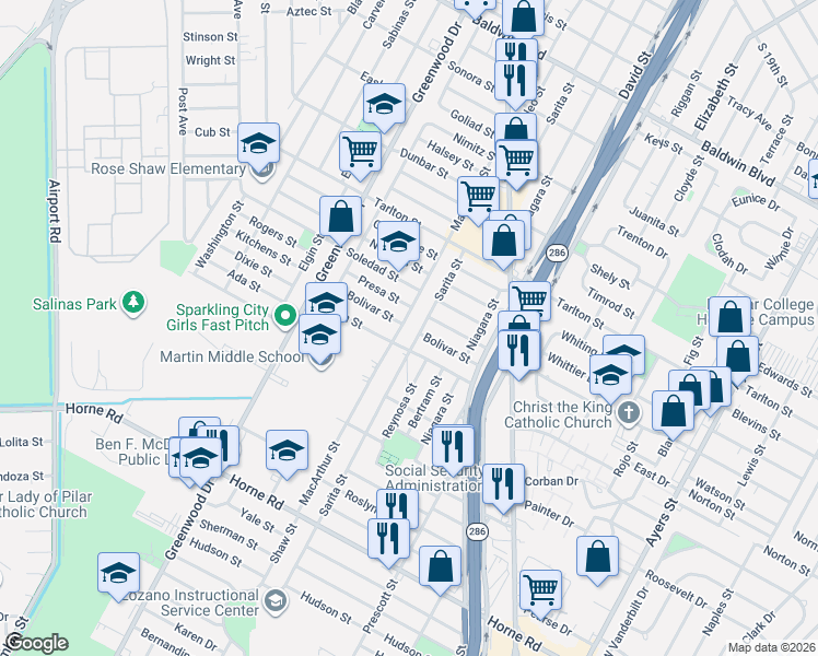 map of restaurants, bars, coffee shops, grocery stores, and more near 2246 Bolivar Street in Corpus Christi