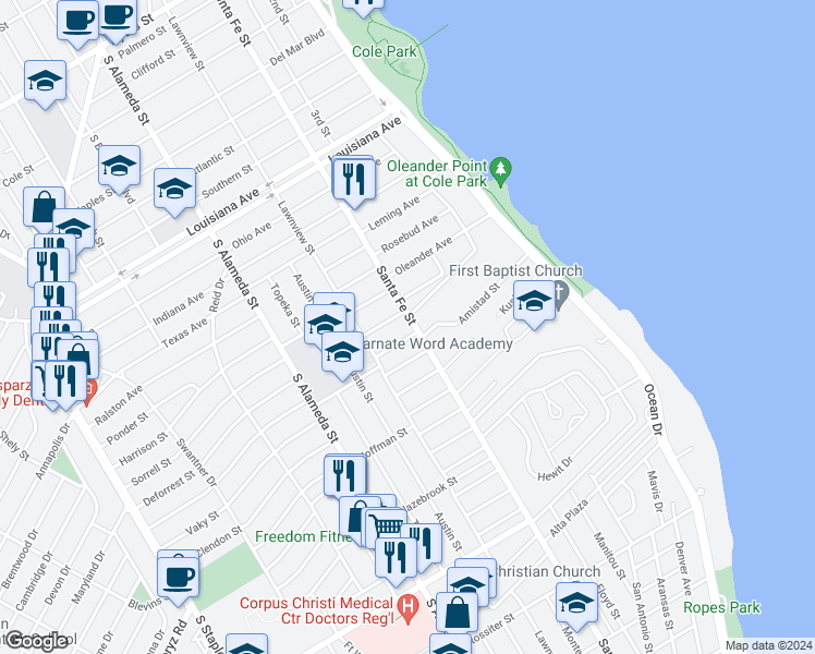 map of restaurants, bars, coffee shops, grocery stores, and more near 2937 Santa Fe Street in Corpus Christi