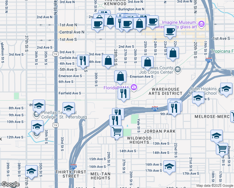 map of restaurants, bars, coffee shops, grocery stores, and more near 2788 Fairfield Avenue South in St. Petersburg