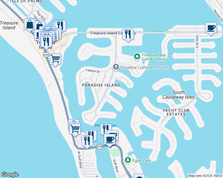 map of restaurants, bars, coffee shops, grocery stores, and more near 25 Island Drive in Treasure Island