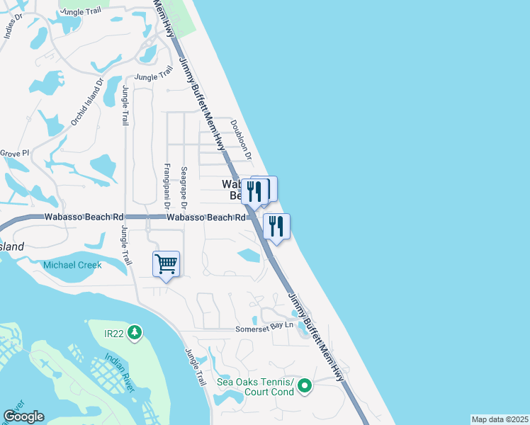 map of restaurants, bars, coffee shops, grocery stores, and more near 1820 Wabasso Beach Road in Vero Beach