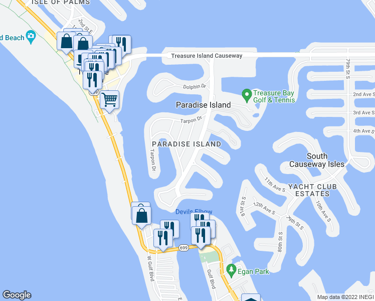 map of restaurants, bars, coffee shops, grocery stores, and more near 10127 4th Street East in Treasure Island