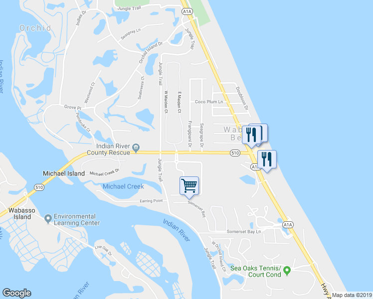 map of restaurants, bars, coffee shops, grocery stores, and more near 9305 Frangipani Drive in Vero Beach
