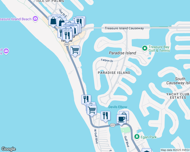 map of restaurants, bars, coffee shops, grocery stores, and more near 10120 Tarpon Drive in Treasure Island