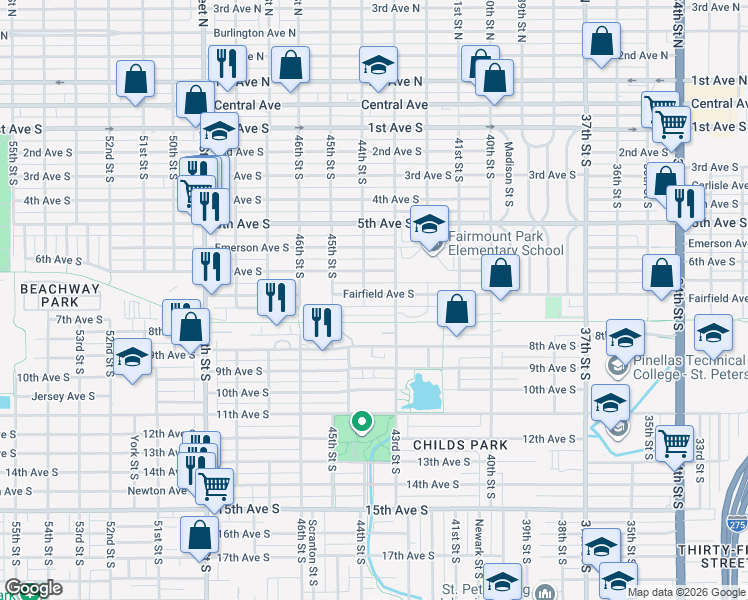 map of restaurants, bars, coffee shops, grocery stores, and more near 4346 Fairfield Avenue South in St. Petersburg