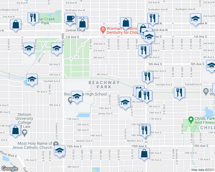 map of restaurants, bars, coffee shops, grocery stores, and more near 5324 6th Terrace South in Gulfport