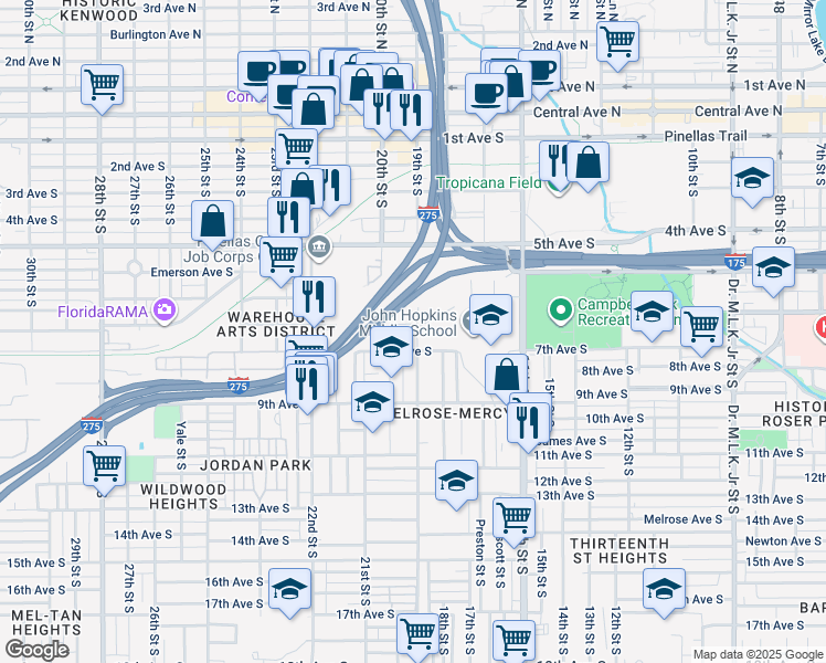 map of restaurants, bars, coffee shops, grocery stores, and more near 1900 Fairfield Avenue South in Saint Petersburg
