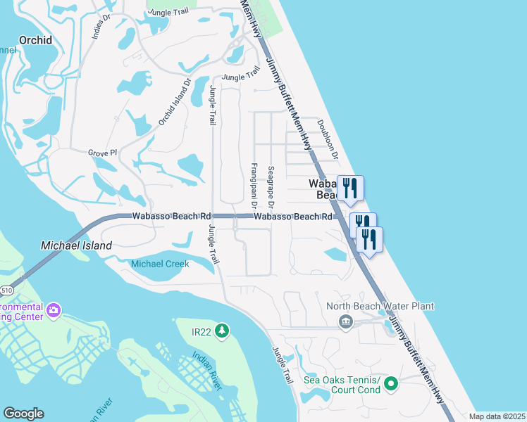 map of restaurants, bars, coffee shops, grocery stores, and more near 9316 Frangipani Drive in Vero Beach