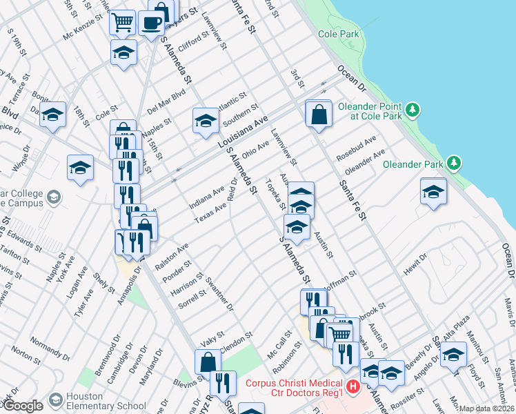 map of restaurants, bars, coffee shops, grocery stores, and more near 501 Ralston Avenue in Corpus Christi