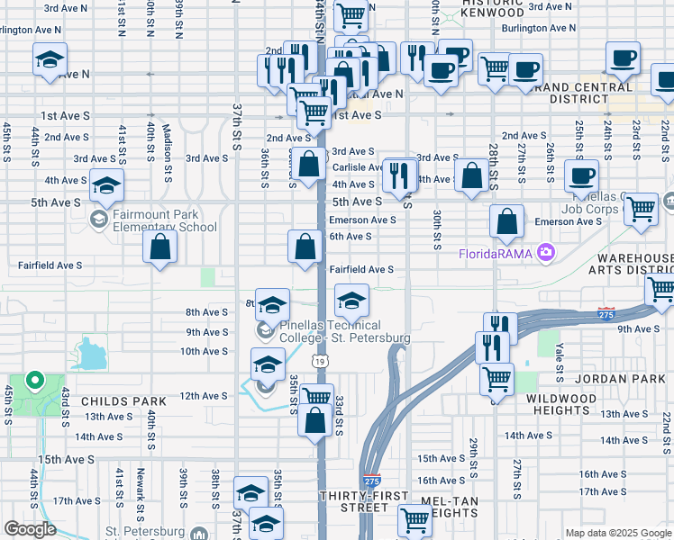 map of restaurants, bars, coffee shops, grocery stores, and more near 3301 Fairfield Avenue South in St. Petersburg