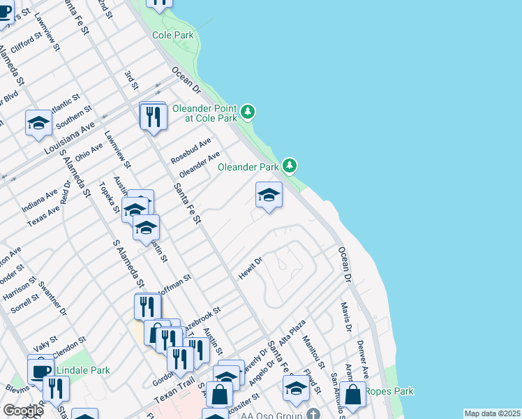 map of restaurants, bars, coffee shops, grocery stores, and more near 3113 Ocean Drive in Corpus Christi