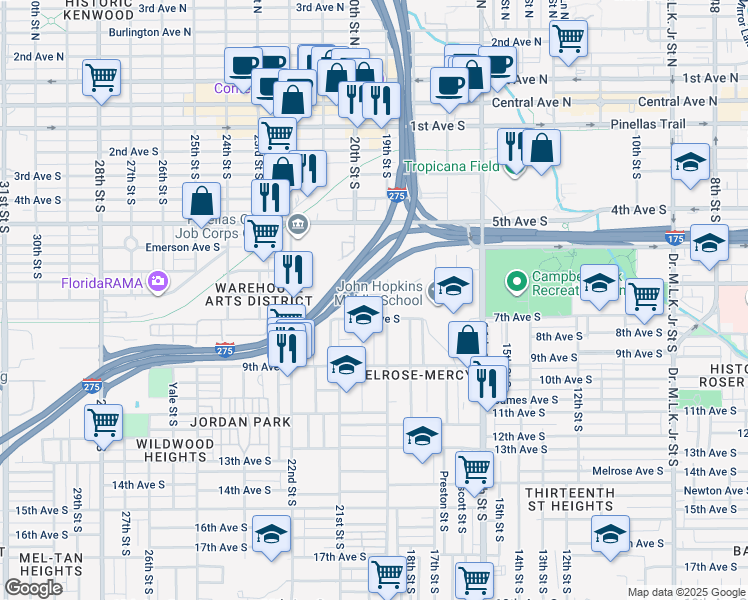 map of restaurants, bars, coffee shops, grocery stores, and more near 1900 Fairfield Avenue South in St. Petersburg