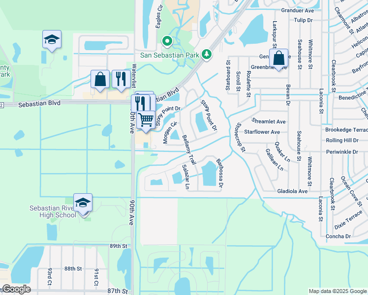 map of restaurants, bars, coffee shops, grocery stores, and more near 156 Morgan Circle in Sebastian