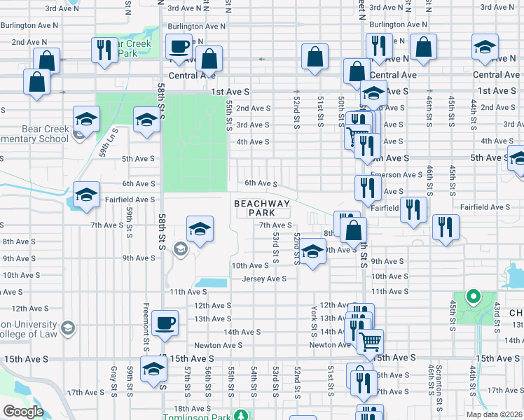 map of restaurants, bars, coffee shops, grocery stores, and more near 665 54th Street South in Gulfport