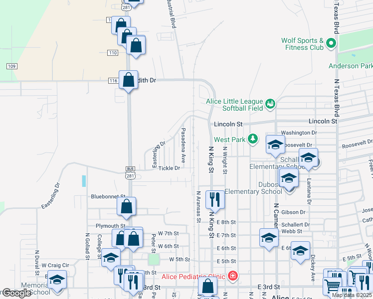 map of restaurants, bars, coffee shops, grocery stores, and more near 1010 Pasadena Avenue in Alice