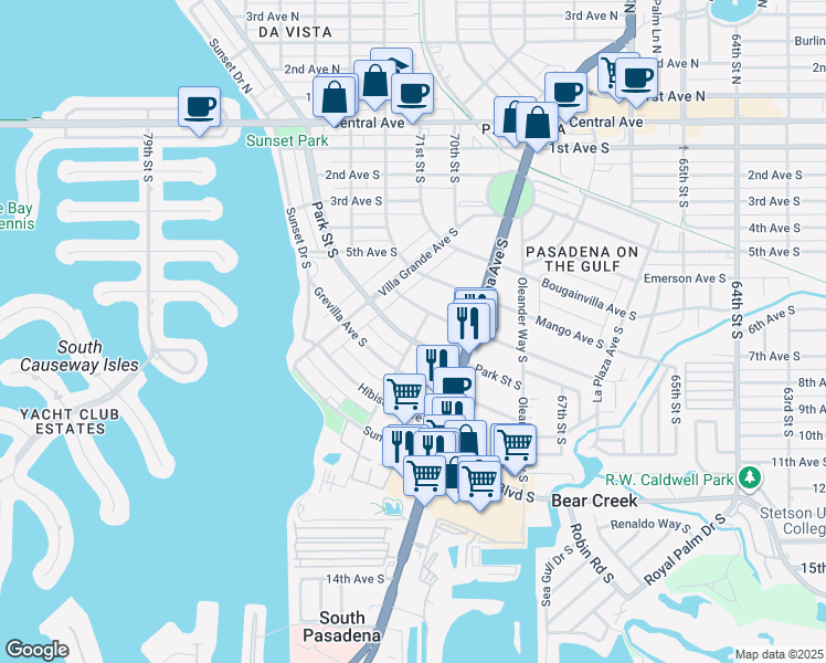 map of restaurants, bars, coffee shops, grocery stores, and more near 7101 Park Street South in St. Petersburg
