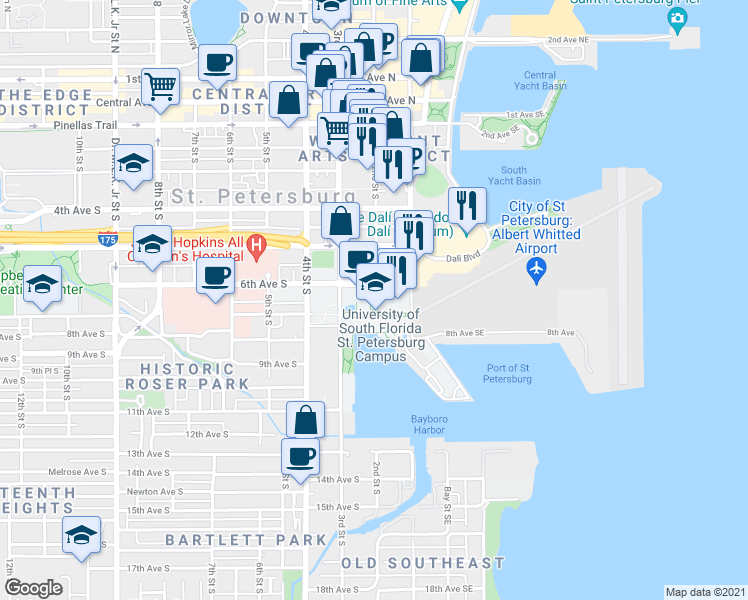 map of restaurants, bars, coffee shops, grocery stores, and more near 140 7th Avenue South in Saint Petersburg