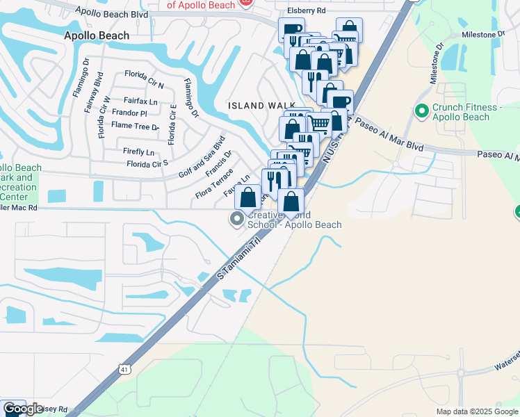 map of restaurants, bars, coffee shops, grocery stores, and more near 6023 Fortune Place in Apollo Beach