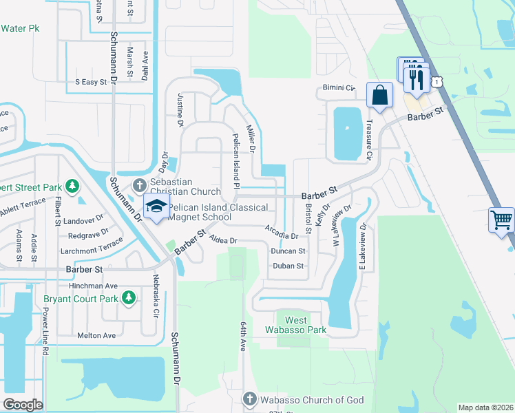 map of restaurants, bars, coffee shops, grocery stores, and more near 109 Empire Terrace in Sebastian