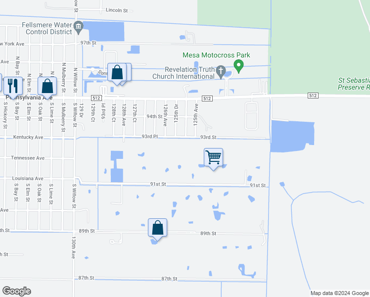 map of restaurants, bars, coffee shops, grocery stores, and more near 12999 93rd Street in Fellsmere