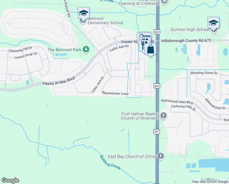 map of restaurants, bars, coffee shops, grocery stores, and more near 10136 Newminster Loop in Ruskin