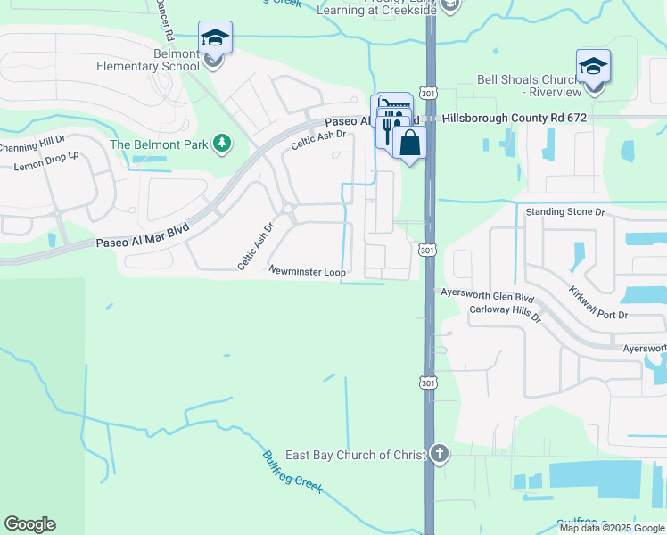 map of restaurants, bars, coffee shops, grocery stores, and more near 10158 Newminster Loop in Ruskin
