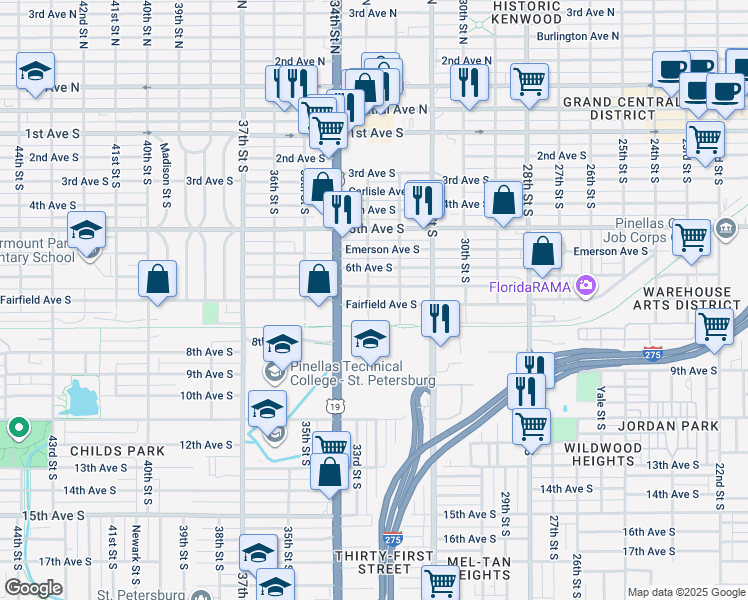 map of restaurants, bars, coffee shops, grocery stores, and more near 3301 Fairfield Avenue South in St. Petersburg