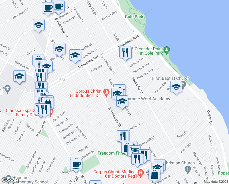 map of restaurants, bars, coffee shops, grocery stores, and more near 2861 Austin Street in Corpus Christi