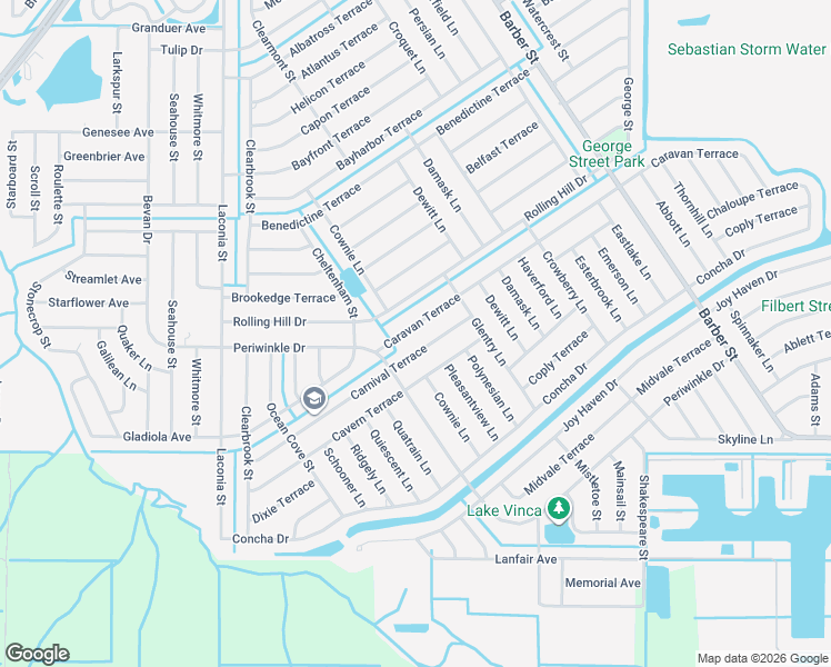 map of restaurants, bars, coffee shops, grocery stores, and more near 597 Carnival Terrace in Sebastian